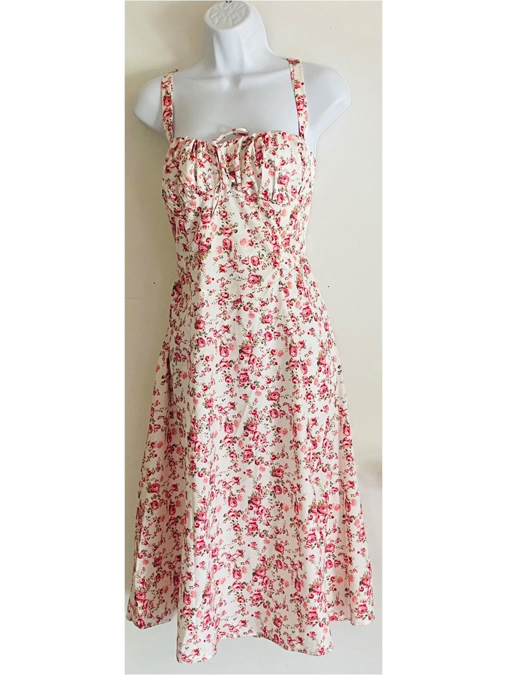SHEIN Cream Midi Dress with Pink Floral Print